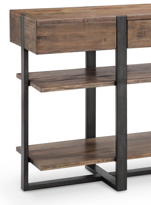 Table de salon moderne Manchester de 54 po avec rangement et tablette - bois brun avec base en fer