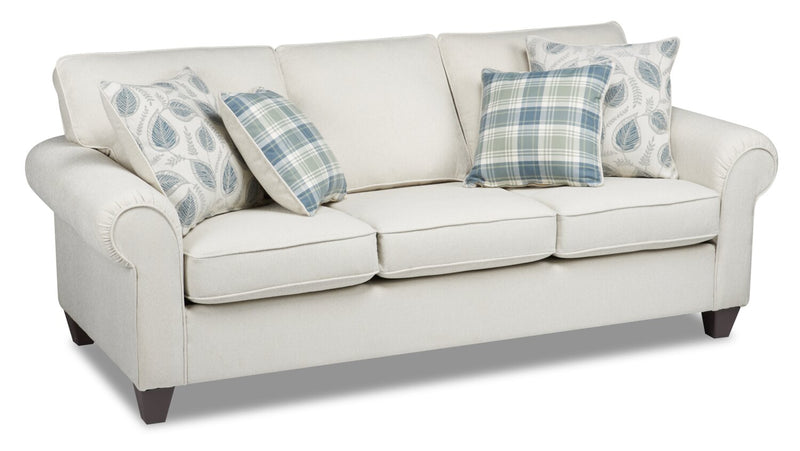 Sofa Scarlett de 87 po fabriqué au Canada en tissu de chenille avec accoudoirs enroulés et coussins décoratifs - beige écru