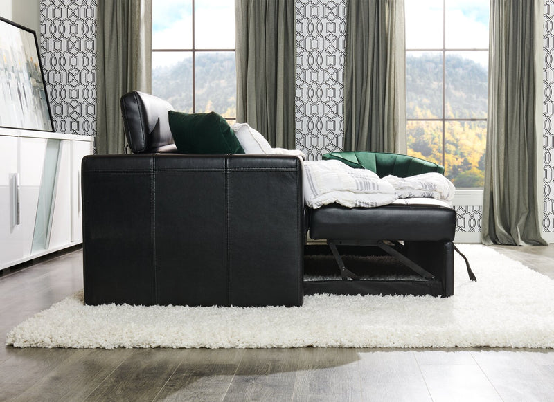 Sofa-lit Drake de 87 po en tissu d’apparence cuir avec lit rétractable, appuie-têtes relevables et capitonnage à boutons - noir