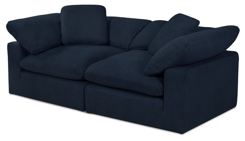 Causeuse modulaire Eclipse de 86 po en tissu d’apparence lin avec coussins réversibles en duvet et plumes - bleu marine