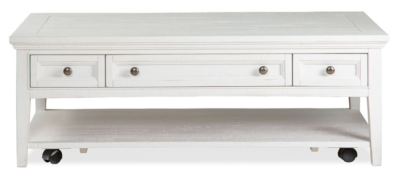 Table à café traditionnelle Heron Cove de 50 po avec rangement, tablette et roulettes - pin blanc