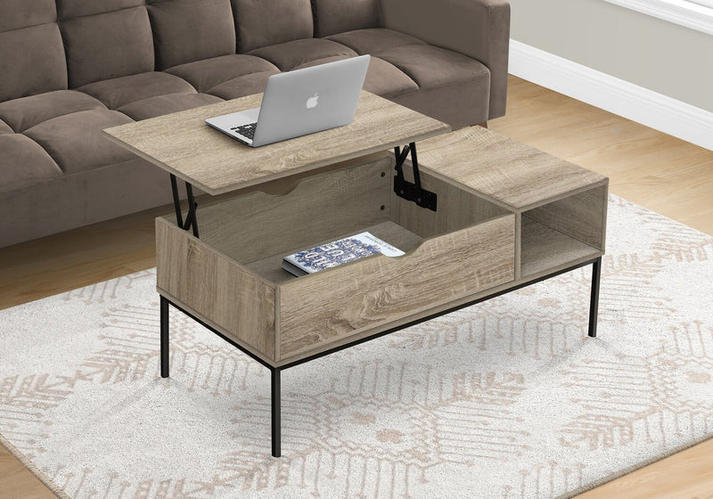 Table à café moderne Bence de 42 po avec dessus relevable et rangement - taupe avec pattes en métal noir