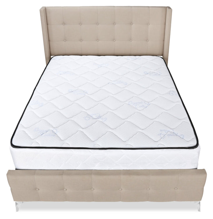 Lit rembourré Zara en tissu d’apparence lin beige avec capitonnage à boutons - format grand lit