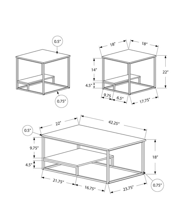 Ensemble 3 tables modernes Jules de 42,25 po (table à café et 2 tables de bout) avec tablette - taupe foncée avec armature en métal noir