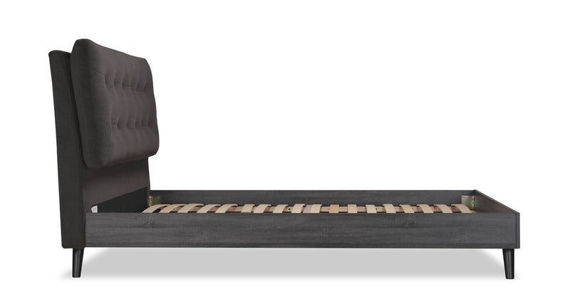 Lit plateforme rembourré Nash en tissu gris foncé avec capitonnage à boutons - format lit double
