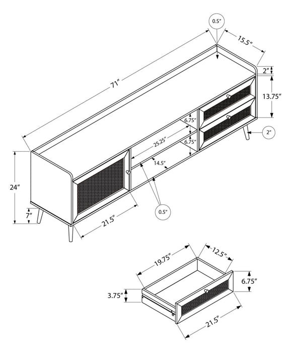 Meuble pour téléviseur moderne Emme de 72 po avec rangement et système de gestion des câbles pour téléviseurs jusqu’à 80 po - brun clair