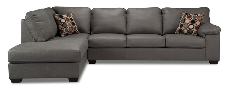 Sofa sectionnel de gauche Morty 2 pièces fabriqué au Canada en tissu d’apparence cuir avec sofa et coussins décoratifs - gris