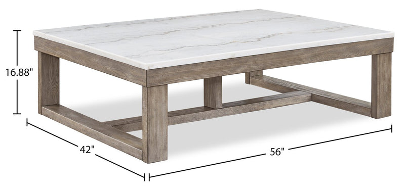 Table à café moderne Corsa de 56 po - dessus en marbre avec base en bois gris-brun