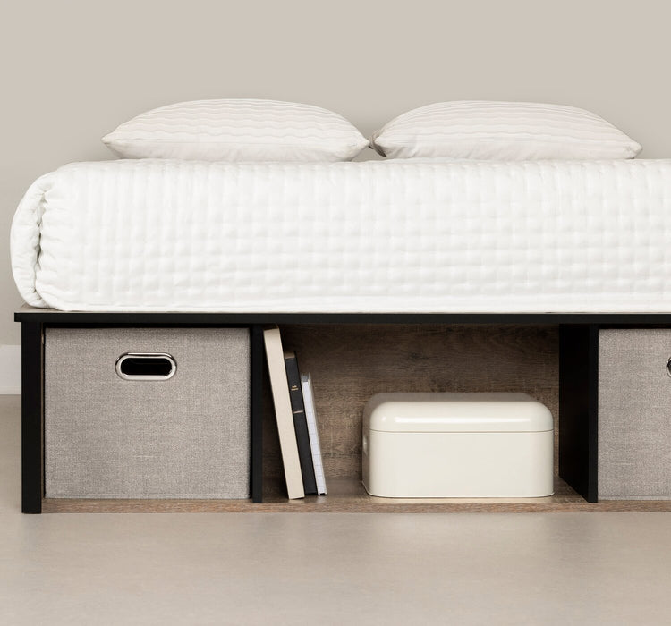 Lit plateforme Everley avec rangement et paniers intégrés, deux couleurs - format lit double