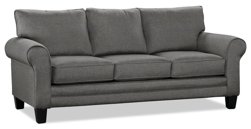 Sofa Tula de 88 po fabriqué au Canada en tissu avec accoudoirs enroulés et coussins décoratifs - gris acier