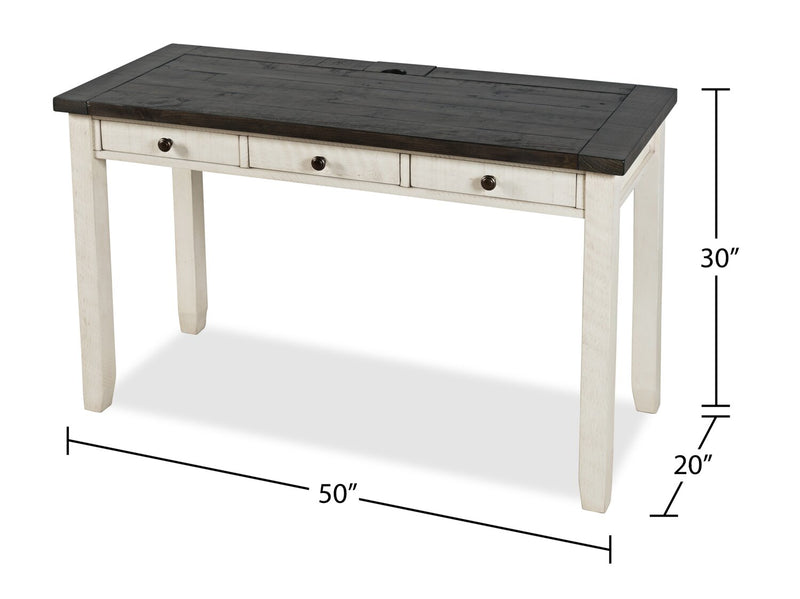 Bureau Madison County de 50 po à 3 tiroirs - blanc rétro avec brun de style bois de grange 
