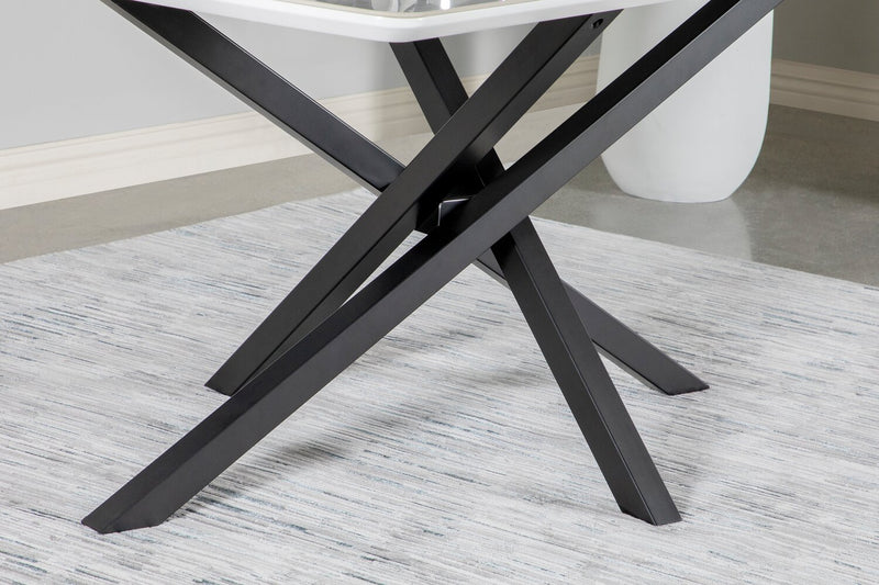 Ensemble de salle à manger Bari 7 pièces en métal avec table de 63 po (L) avec dessus en céramique d’apparence marbre et 6 chaises pivotantes grises