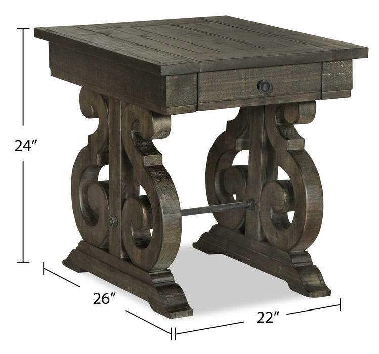 Table de bout traditionnelle Bellamy de 22 po avec rangement - pin brun foncé avec base en bois à volutes