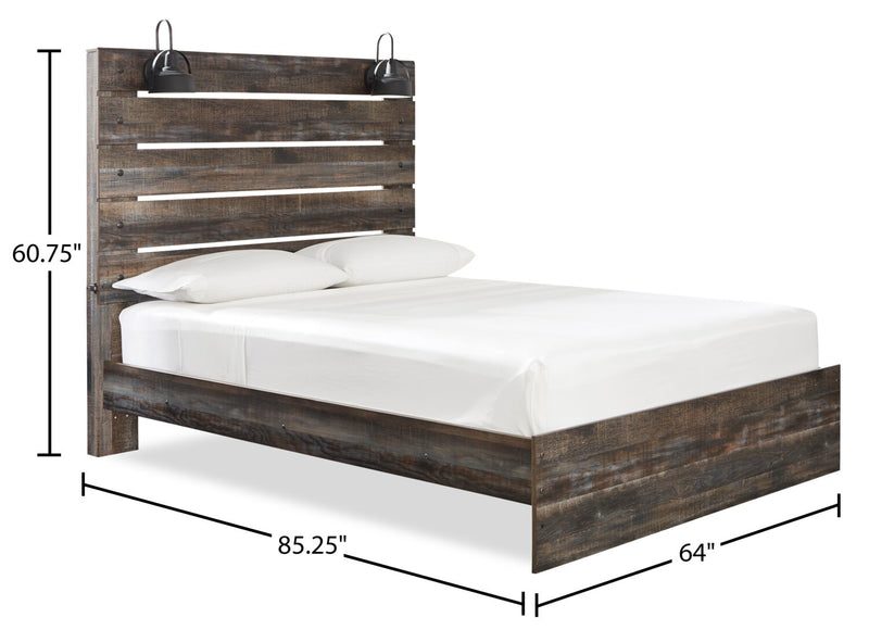 Ensemble de chambre à coucher Abby 6 pièces avec lit à panneau, commode, miroir, table de nuit, lumière DEL et port USB, brun - format grand lit