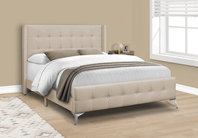 Lit rembourré Zara en tissu d’apparence lin beige avec capitonnage à boutons - format grand lit