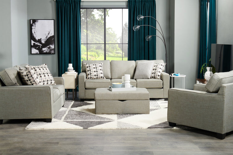 Causeuse Sawyer de 57 po fabriquée au Canada en tissu d’apparence lin avec coussins réversibles et coussins décoratifs - gris clair