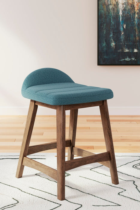 Tabouret Jovi de hauteur comptoir en tissu d’apparence lin et en bois - bleu