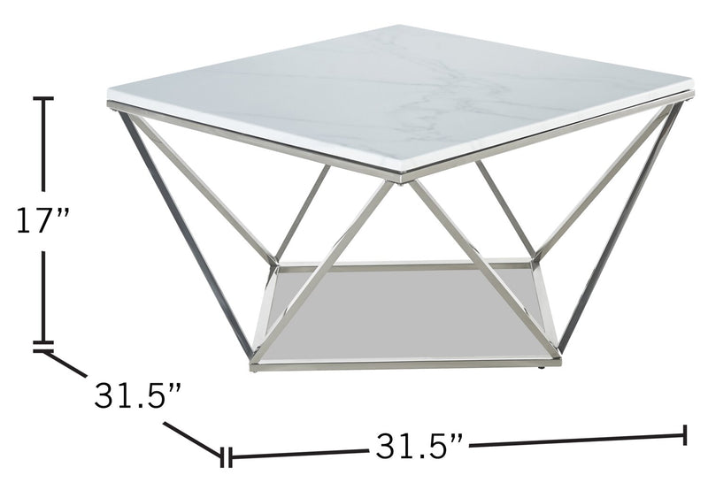 Table à café carrée moderne Amanda de 31,5 po - dessus en marbre blanc avec base en métal chromé