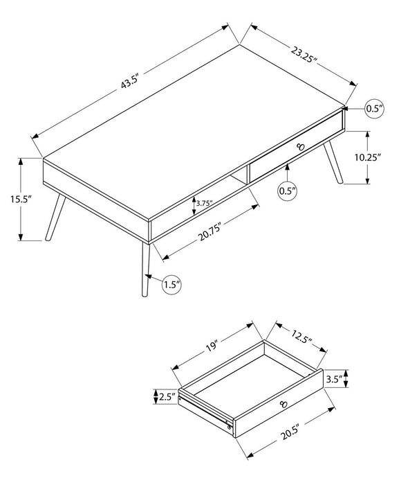 Table à café moderne Cydney de 43,5 po avec rangement - pattes en bois au fini noyer