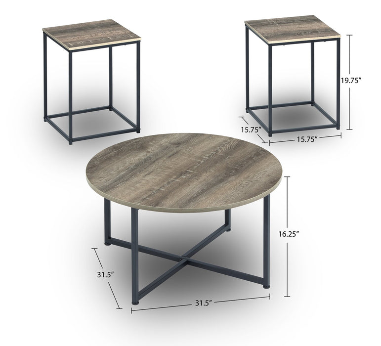 Ensemble 3 tables rustiques Wadeworth de 31,5 po (table à café et 2 tables de bout) - taupe avec pattes en métal