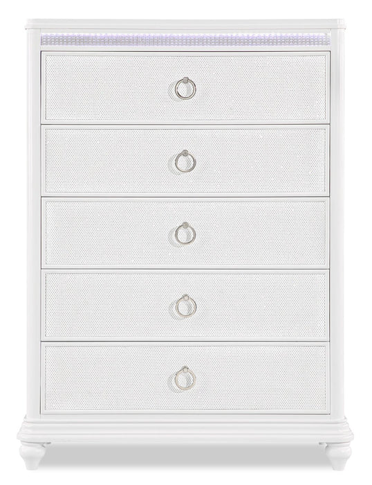 Commode verticale somptueuse Ava de 40,5 po (L) x 54,1 po (H) à 5 tiroirs avec éclairage à DEL pour la chambre à coucher - blanche