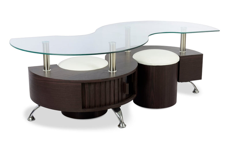 Ensemble 3 articles modernes en forme de S Savon de 52,5 po (table à café et 2 poufs) avec rangement et tablette - bois noyer foncé et chrome 