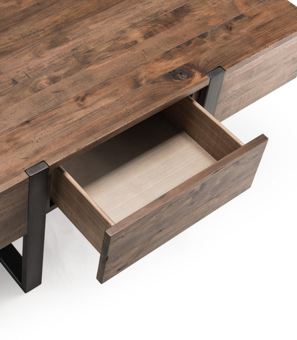 Table à café rustique Manchester de 54 po avec rangement - bois brun avec base en fer