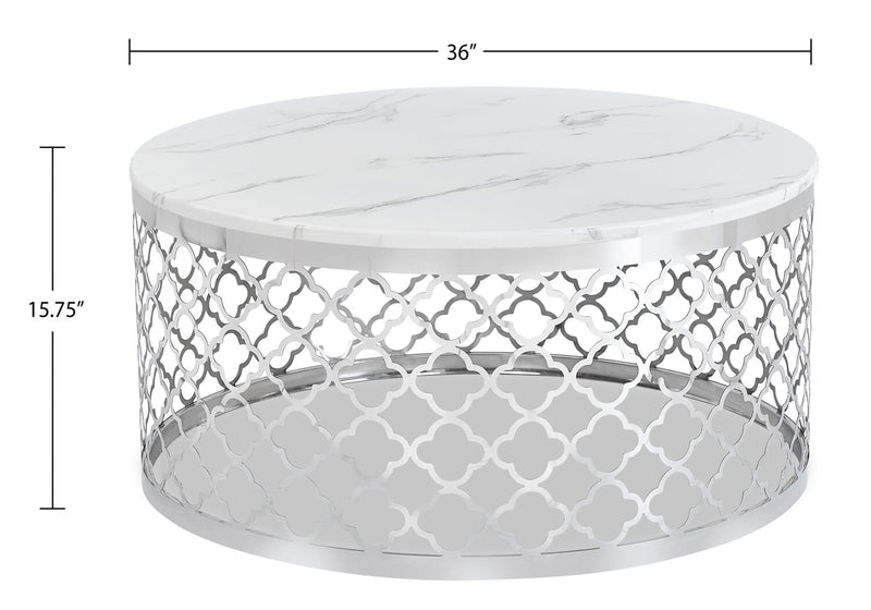 Table de salon ronde somptueuse Belle de 36 po - dessus en marbre blanc avec base en acier inoxydable