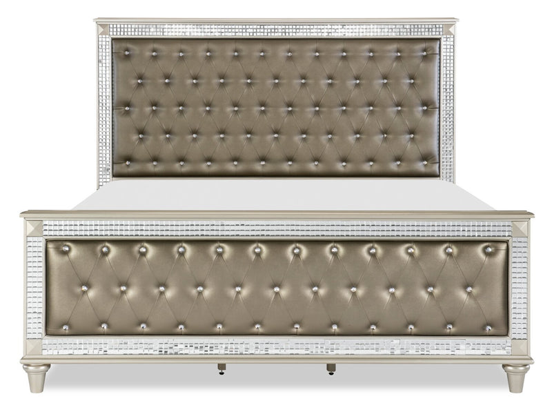 Ensemble de chambre à coucher Tyra 6 pièces somptueux en cuir végétalien avec lit, commode, miroir et table de nuit, champagne - format grand lit