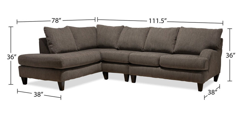 Sofa sectionnel de gauche Nofia 3 pièces fabriqué au Canada en chenille avec coussins décoratifs et pattes en bois - gris anthracite