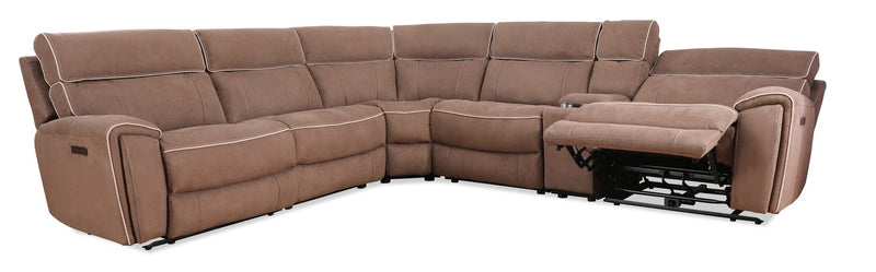 Sofa sectionnel à inclinaison électrique Newport de Cindy Crawford Home 6 pièces en suédine avec console de rangement et port USB - taupe
