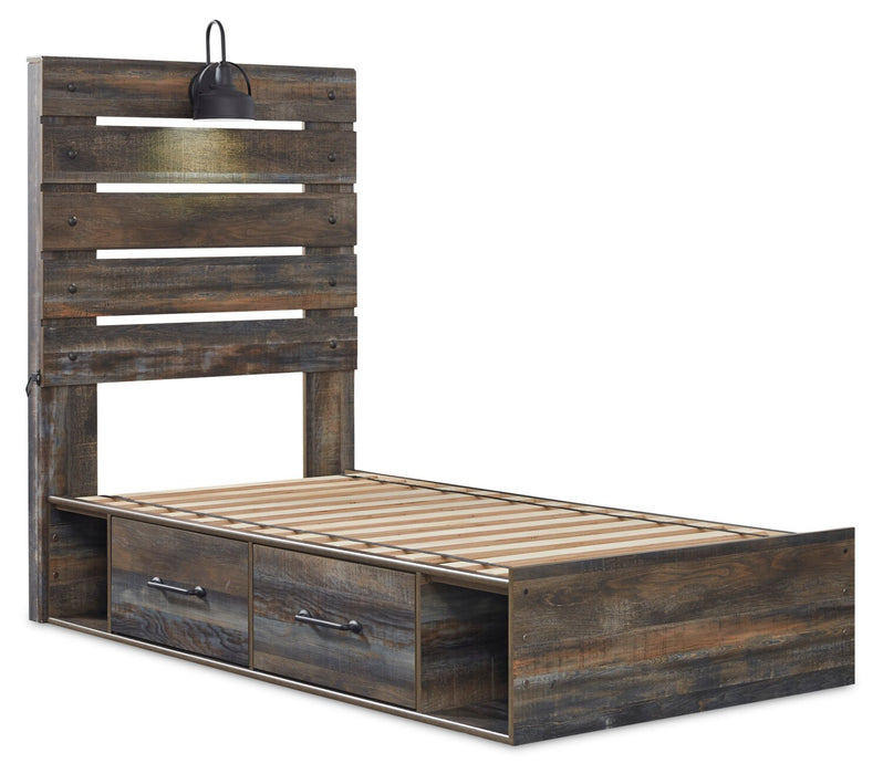 Lit Abby pour enfants avec rangement latéral, éclairage à DEL et ports USB, brun - format lit simple