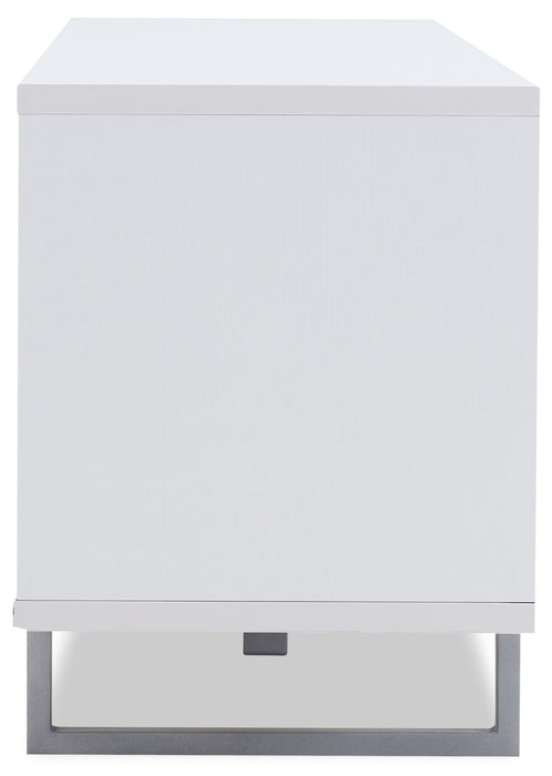 Meuble pour téléviseur moderne Amelia de 89 po x 15.5 po avec rangement et système de gestion des câbles pour téléviseurs jusqu’à 100 po - deux teintes, blanc et noir