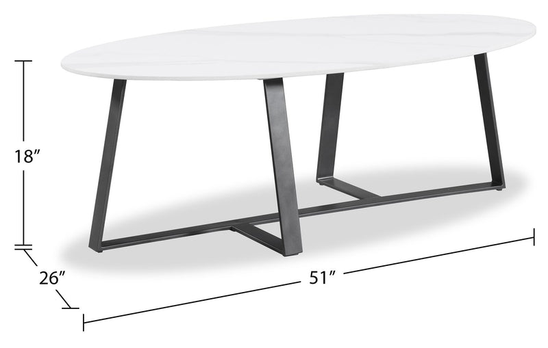 Table à café ovale moderne Nico de Kort & Co. de 51 po - pierre frittée blanche avec pattes en métal gris foncé