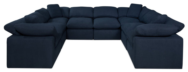 Sofa sectionnel modulaire Eclipse 8 pièces en tissu d’apparence lin avec coussins réversibles en duvet et plumes - bleu marine