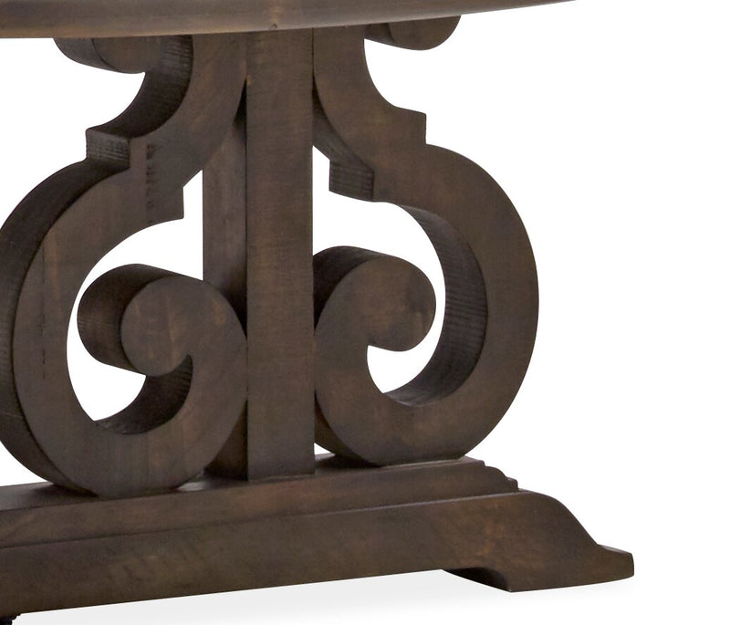 Table à café ronde traditionnelle Bellamy de 40 po - pin brun foncé avec base en bois à volutes