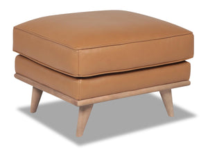 Pouf Vivia de 28 po en cuir véritable avec base en bois - brun caramel 