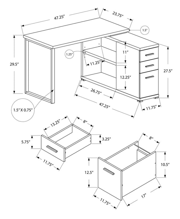 Bureau réglable en forme de L Milo de 47,25 po à 3 tiroirs avec tablettes ouvertes - blanc