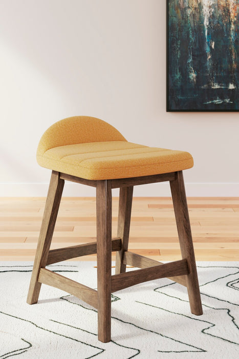 Tabouret Jovi de hauteur comptoir en tissu d’apparence lin et en bois - moutarde