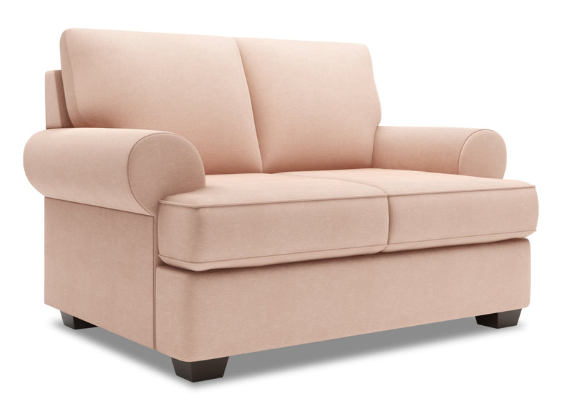 Causeuse personnalisable Roll de Sofa Lab de 64 po fabriquée au Canada en tissu d’apparence lin avec accoudoirs enroulés - rose Pax Rose