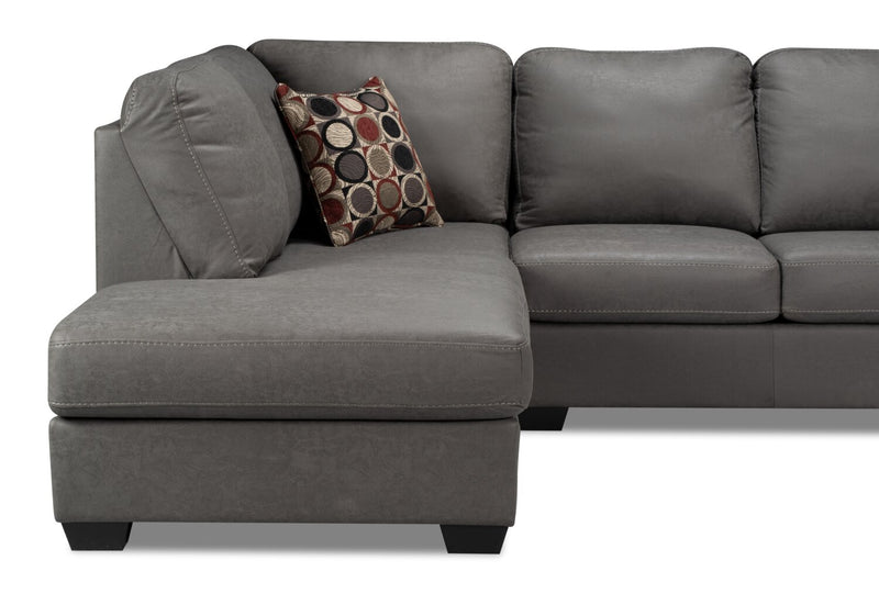 Sofa sectionnel de gauche Morty 2 pièces fabriqué au Canada en tissu d’apparence cuir avec sofa et coussins décoratifs - gris