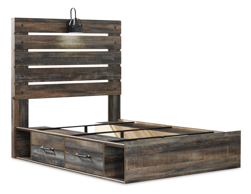 Lit plateforme de rangement latéral Abby avec éclairage à DEL et ports USB, brun - format lit double