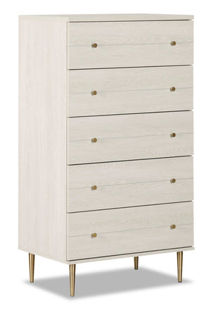 Commode verticale somptueuse Lake de 29 po (L) x 52 po (H) à 5 tiroirs pour la chambre à coucher, fabriquée au Canada - blanche