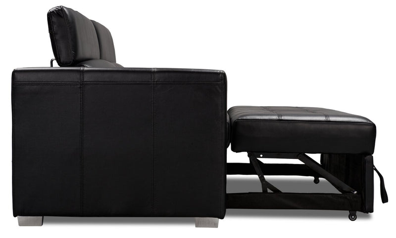 Sofa-lit Drake de 87 po en tissu d’apparence cuir avec lit rétractable, appuie-têtes relevables et capitonnage à boutons - noir