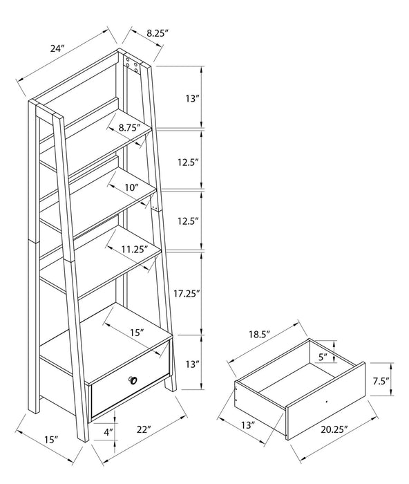 Bibliothèque ouverte Eden de 24 po de style échelle avec tiroir - grise
