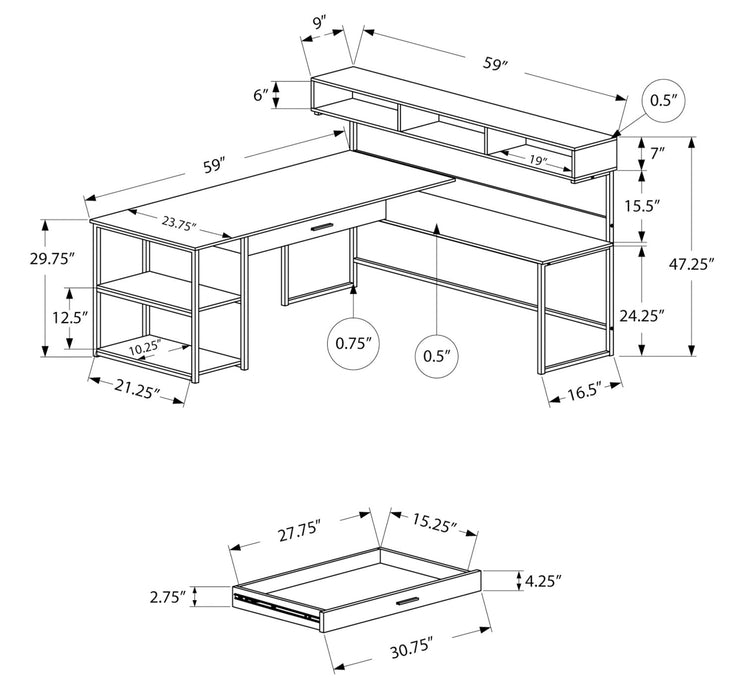 Bureau en coin en forme de L Oaklee de 59 po avec crédence - taupe foncé 