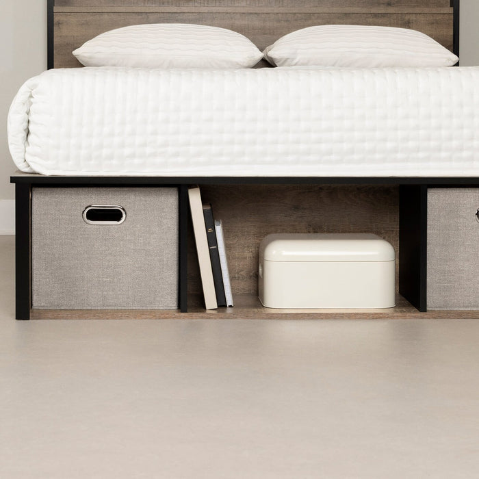 Ensemble lit plateforme et tête de lit à panneau Everley avec rangement et paniers intégrés, deux couleurs - format lit double