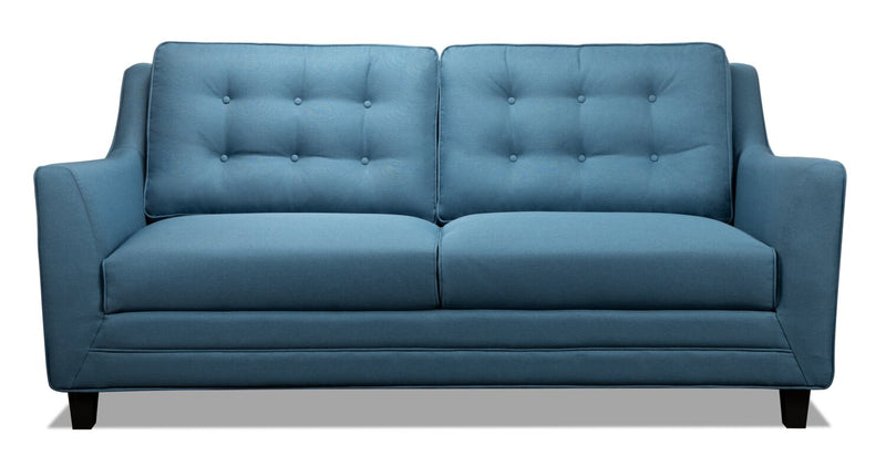 Sofa Novalee de 75,5 po en tissu d’apparence lin avec accoudoirs évasés et capitonnage à boutons - bleu