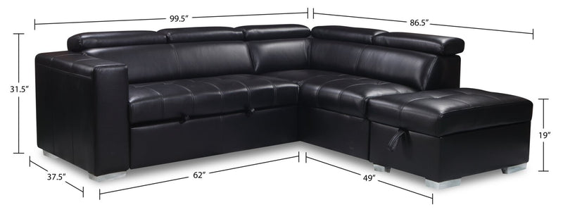 Sofa-lit sectionnel de droite Drake 3 pièces en tissu d’apparence cuir avec pouf de rangement - noir