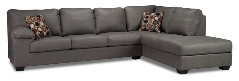 Sofa sectionnel de droite Morty 2 pièces fabriqué au Canada en tissu d’apparence cuir avec sofa et coussins décoratifs - gris